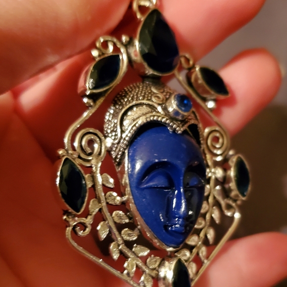 New Carved Blue Goddess Face Blue Topaz 925 Silver Pendant. - Picture 4 of 9